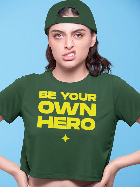 Woman wearing BE YOUR OWN HERO - Olive Green Cotton Crop top