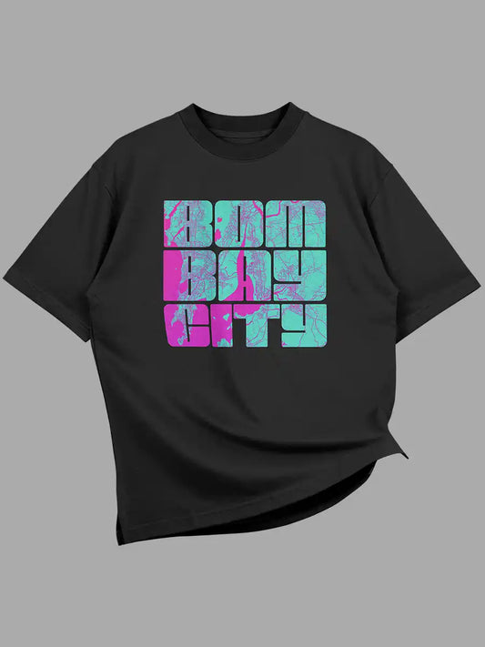 Black Oversized Cotton Tshirt with Bombay city written on it