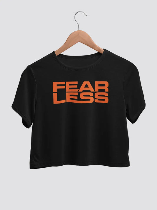 Black cotton crop top with fearless written on it in Orange