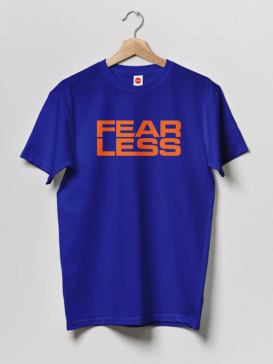 Blue Men's cotton Tshirt with text "Fearless" in orange