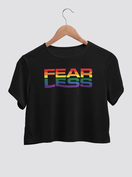 black cotton crop top with text "Fearless" in LGBTQ PRIDE color