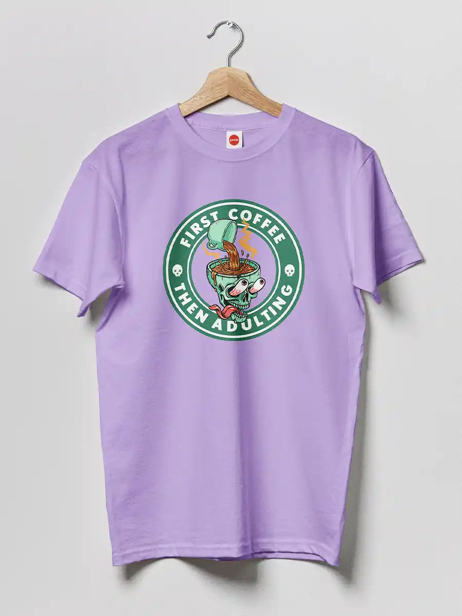 First Coffee, Then Adulting - Men's Iris Lavender Cotton T-Shirt