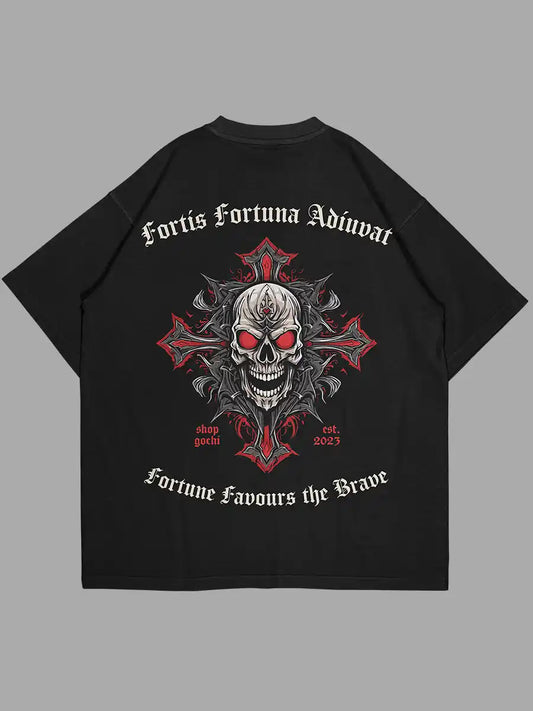 Black Cotton Oversized Tshirt with a quote "Fortis Fortuna Adiuvat and Fortune favors the Brave" Back