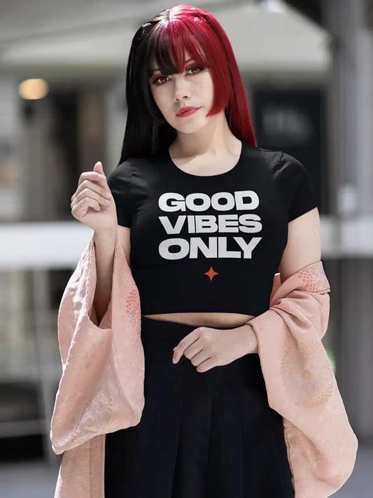 Woman wearing Good Vibes only - Black Cotton Crop top