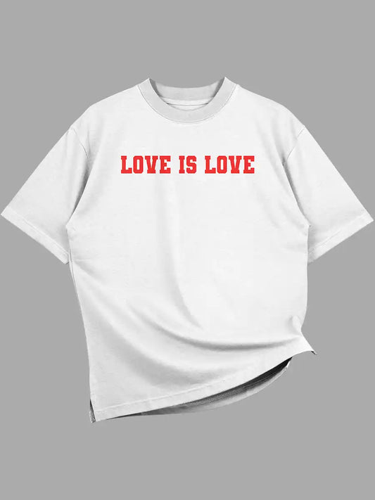 White Oversized Cotton Tshirt with quote "Love is love" in red