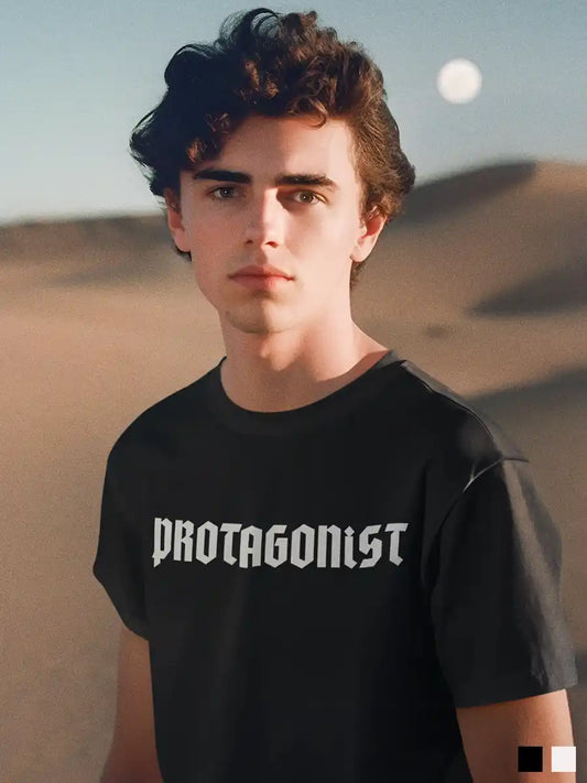 Man wearing Protagonist - Black Cotton T-Shirt