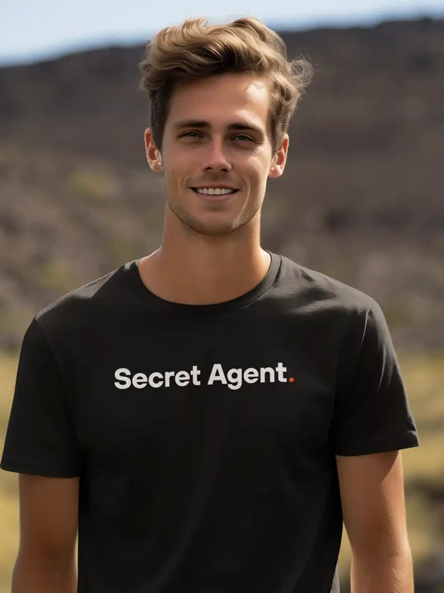Man wearing Secret Agent - Minimalist Black Cotton T-Shirt