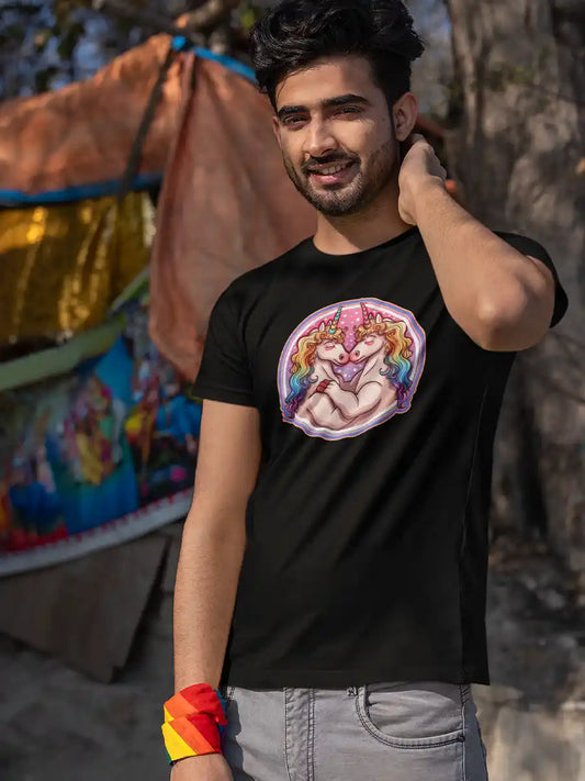 Man wearing UNICORN LOVE - Men's Black Cotton T-Shirt