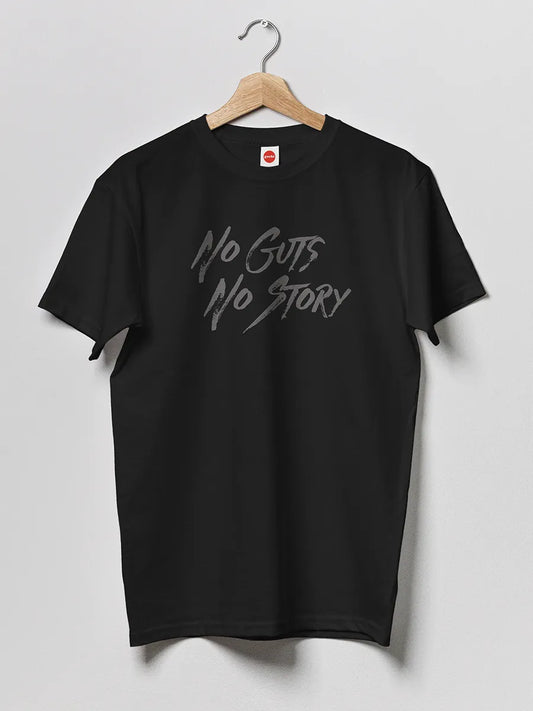 Black Men's cotton Tshirt with text "No guts No Story" in Grey