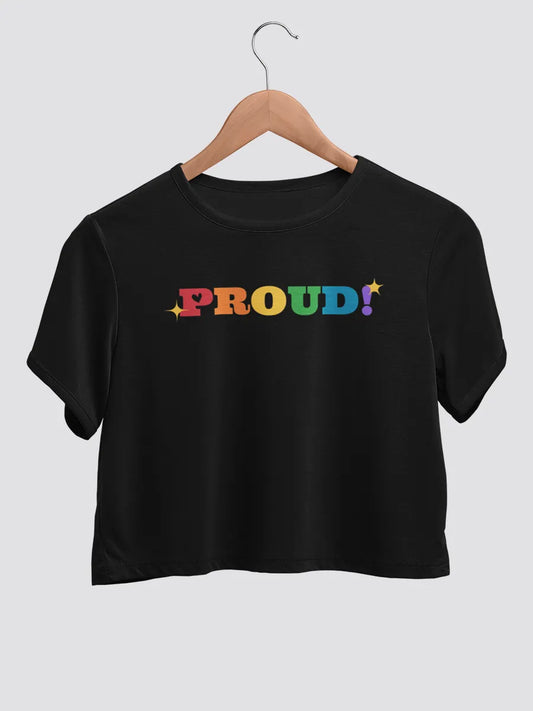 Black cotton crop top with text "PROUD" in LGBTQ pride colors