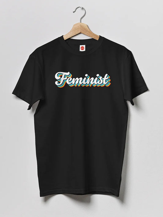Black Men's cotton Tshirt with text "Feminist" in Retro Style