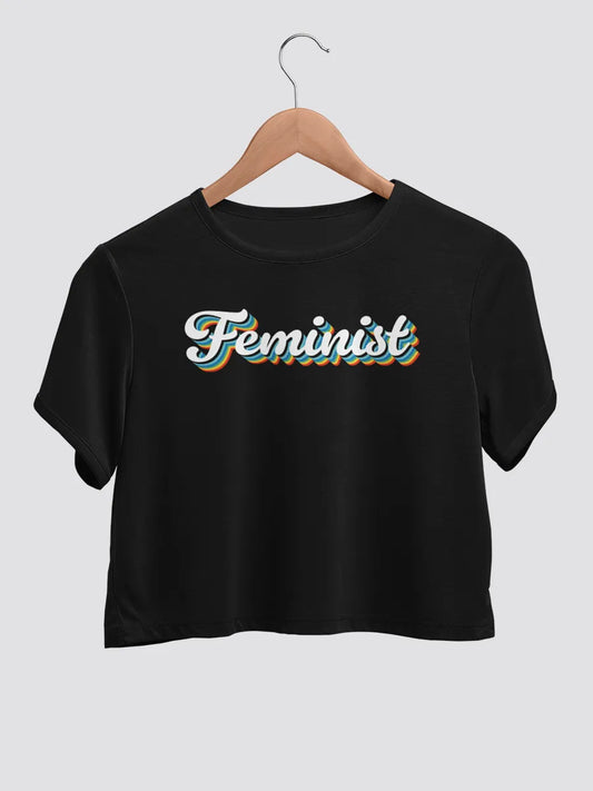 Black cotton crop top with the text "Feminist" in Retro style
