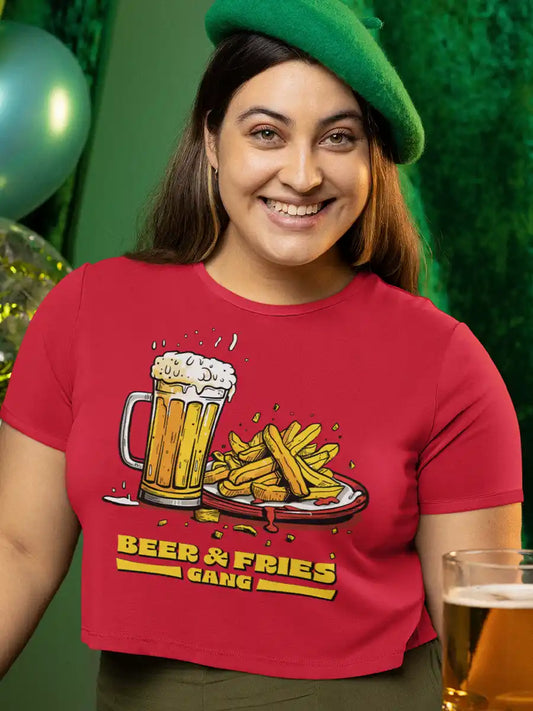 Woman wearing Beer & Fries Gang - Red Cotton Crop top