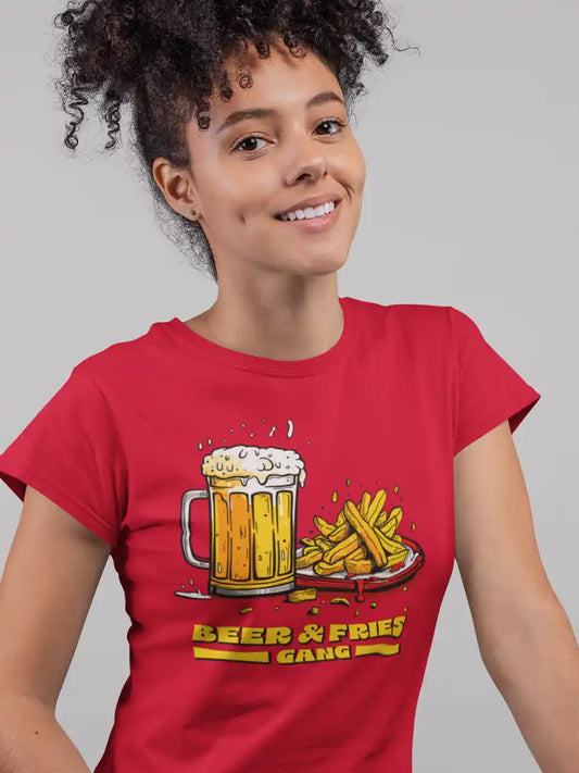 Woman wearing Beer & Fries Gang - Women's Red Cotton T-Shirt