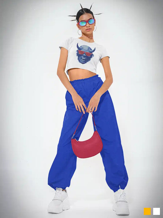 Woman wearing Blue Devil - White Cotton Cop Top