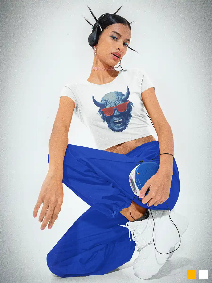 Woman wearing Blue Devil - White Cotton Cop Top