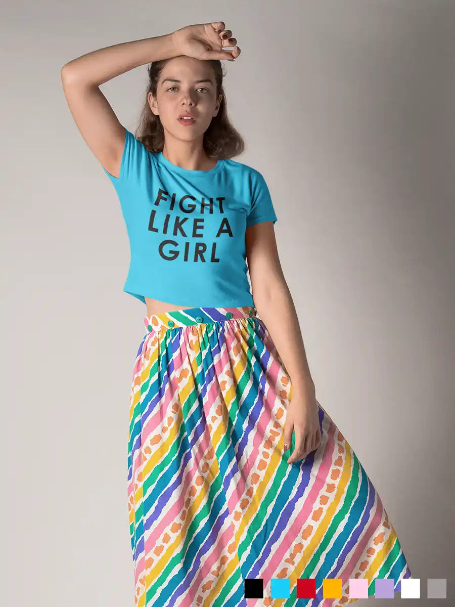 Woman wearing Fight like a Girl - Sky Blue - Cotton crop top