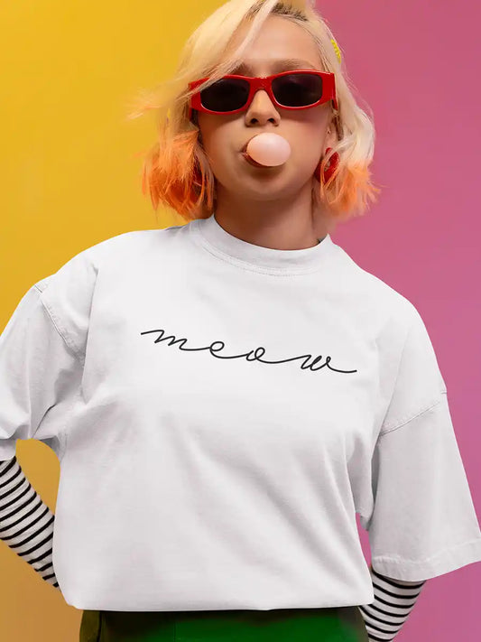 Woman wearing Meow - White - Oversized Cotton T-Shirt