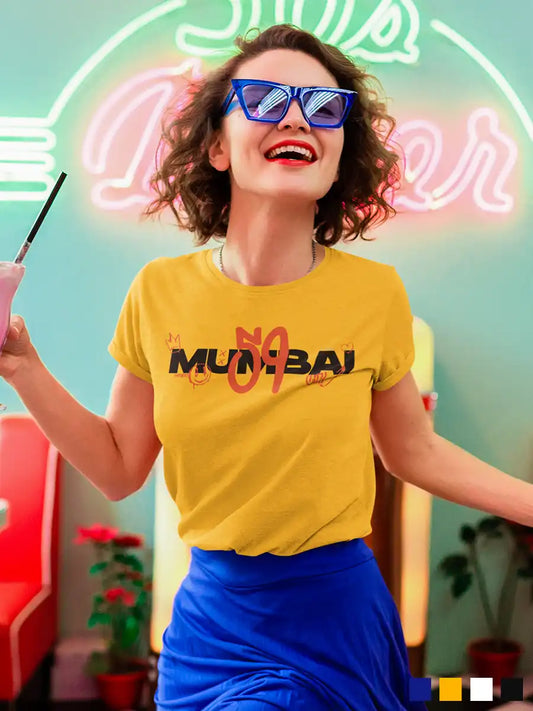 Woman wearing Mumbai 59 - Graffiti - Women's Golden Yellow Cotton T-Shirt