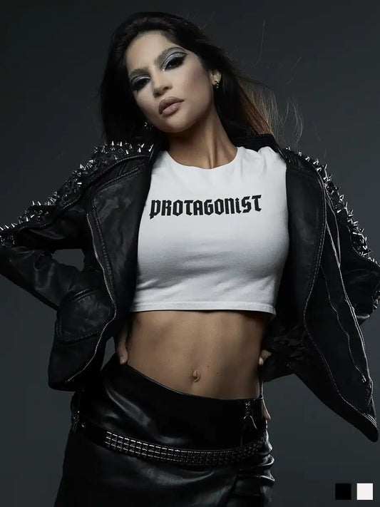 Woman wearing Protagonist - White Cotton Crop Top