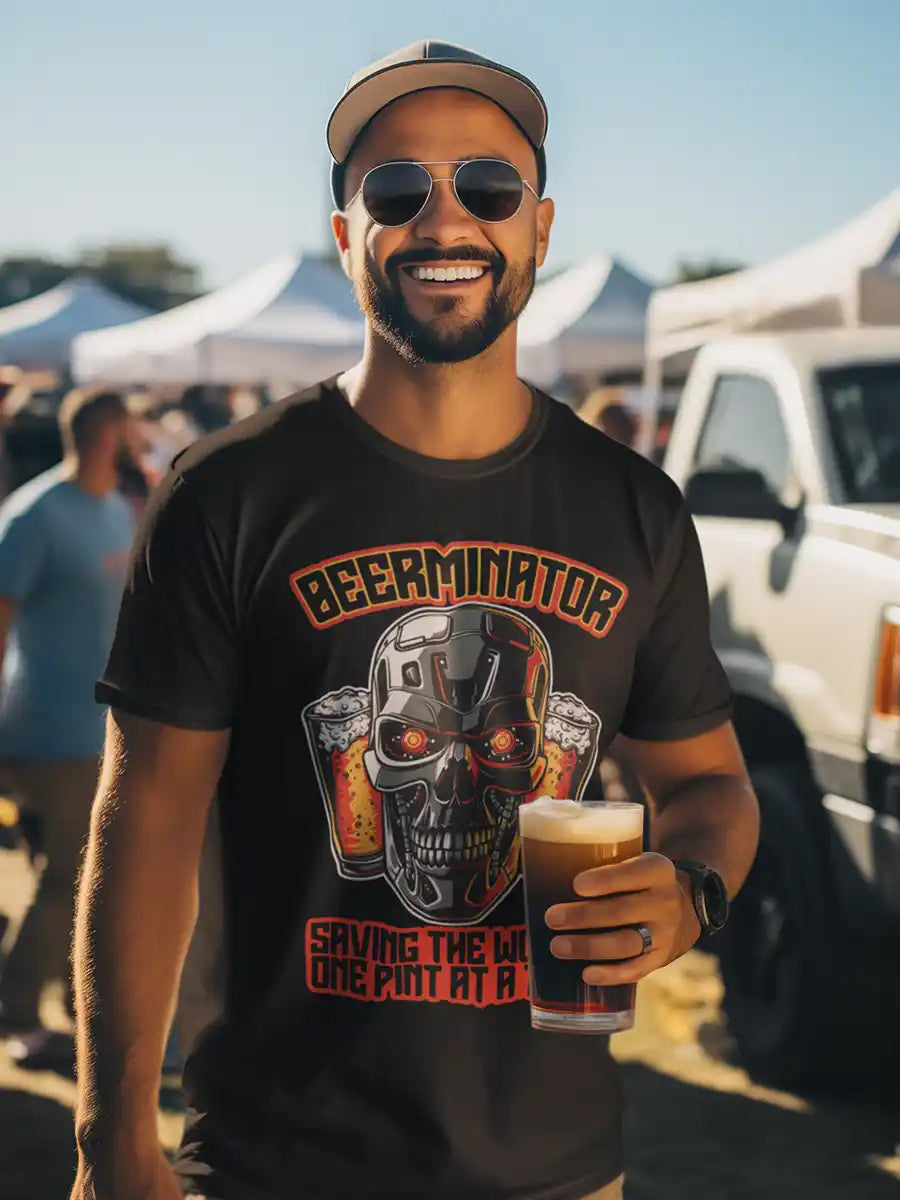 Man wearing Beerminator - Black Men's Cotton T-Shirt