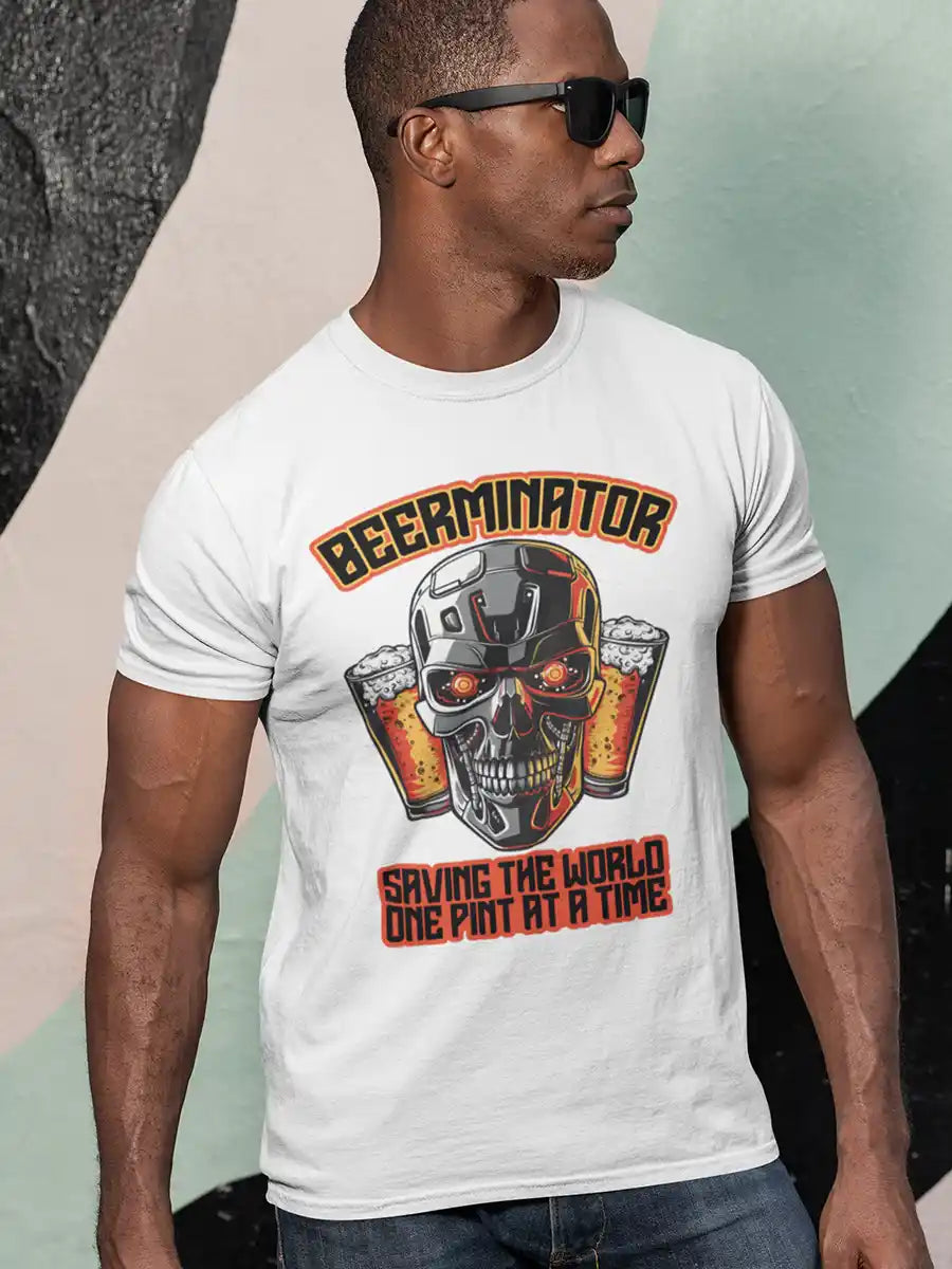 Man wearing Beerminator - White
Men's Cotton T-Shirt