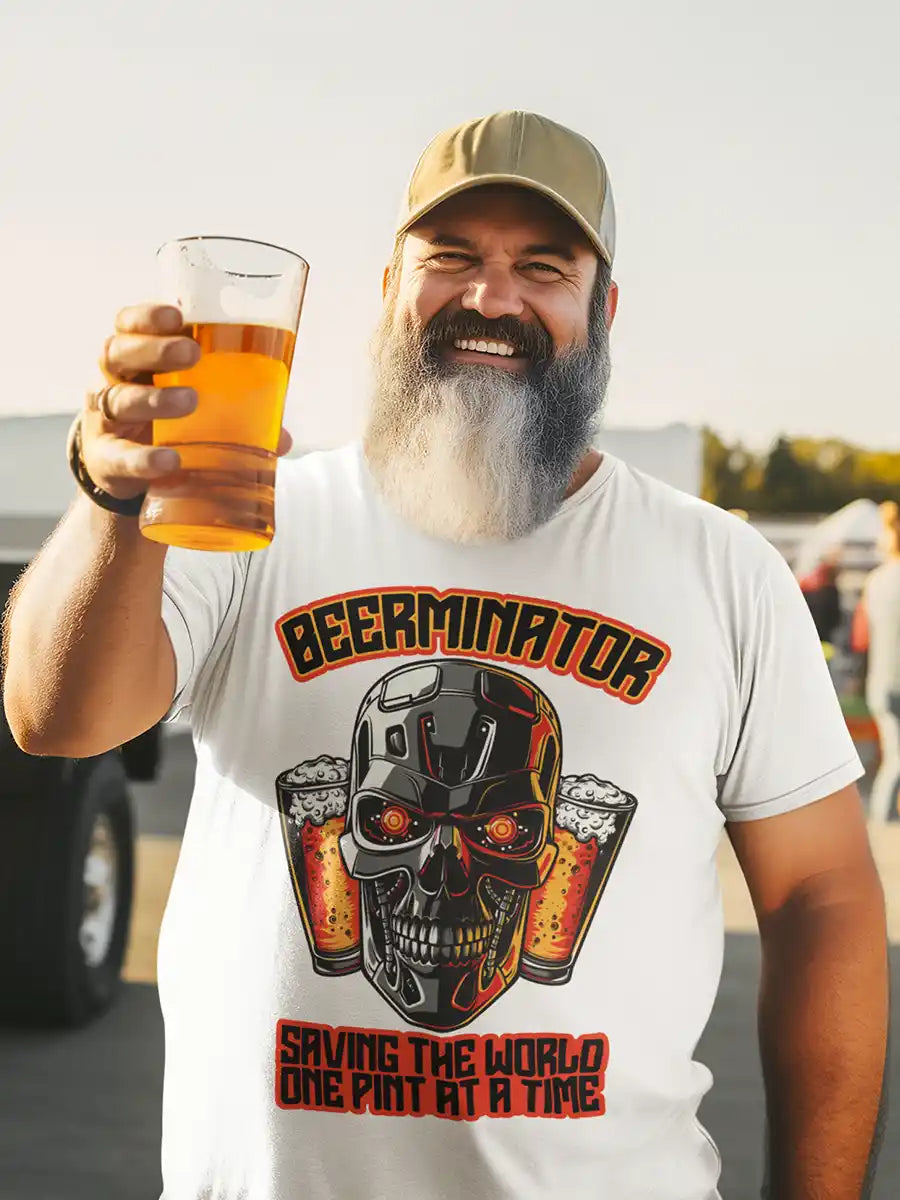 Man wearing Beerminator - White Men's Cotton T-Shirt