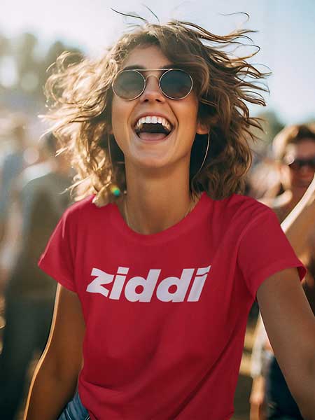 Woman wearing Red T-Shirt with the quote "Ziddi"