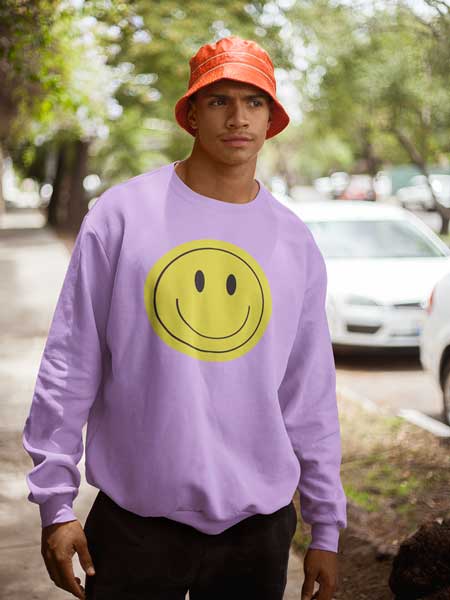 Man wearing Lavender Sweatshirt with a smiley