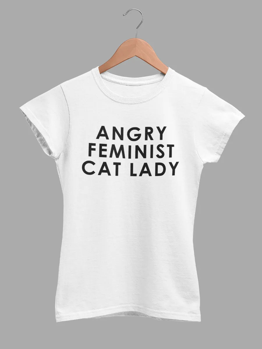 White Women's cotton Tshirt with quote "Angry feminist Cat Lady "