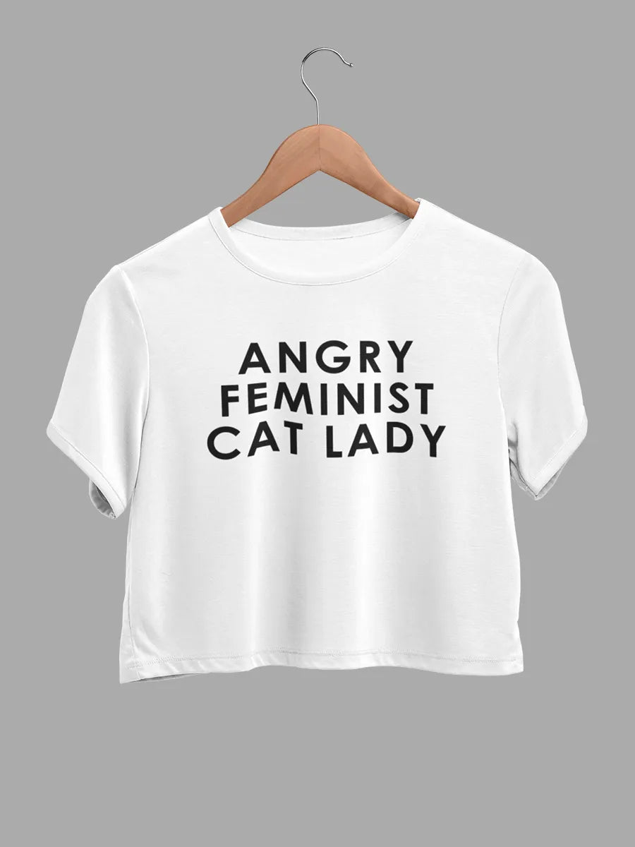 white cotton crop top with text "Angry feminist cat lady "