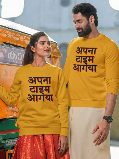 Couple wearing Apna Time Aagaya Golden Yellow Cotton Sweatshirt