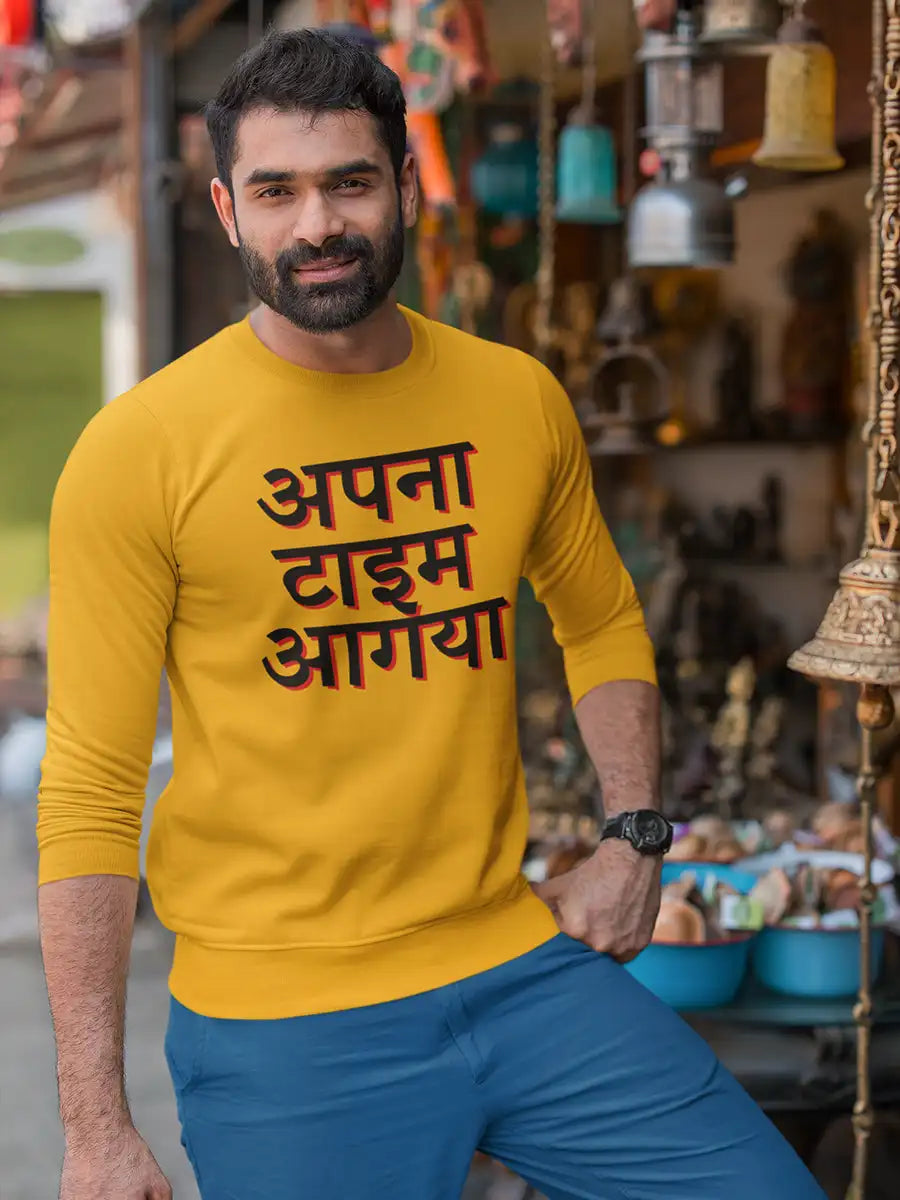 Man Wearing Apna Time Aagaya Golden Yellow Cotton Sweatshirt