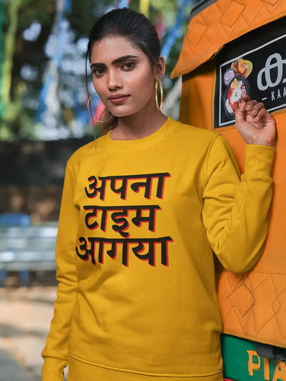 Woman wearing Apna Time Aagaya Golden Yellow Cotton Sweatshirt