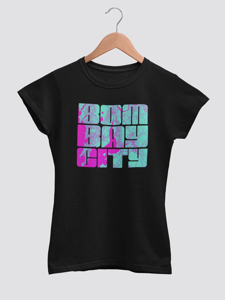 Black Women's cotton Tshirt with a stunning map of Bombay inside the text "Bombay City"