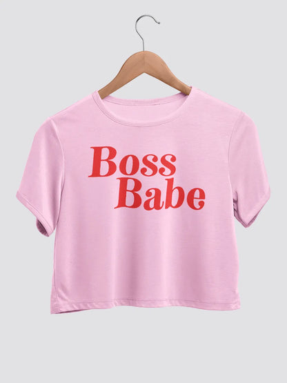 Pink cotton crop top with text "Boss babe "
