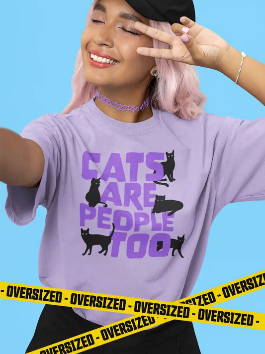 Woman wearing Cats are people too - Iris Lavender Oversized Cotton T-Shirt