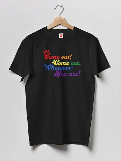Black Men's cotton Tshirt with text "Come Come out wherever you are" in LGBTQ PRIDE colors