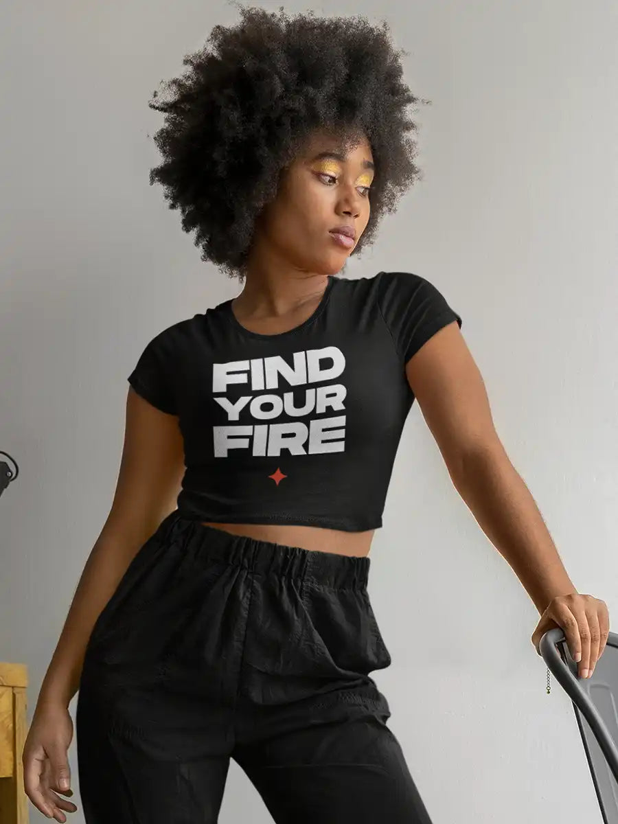 Woman wearing FIND YOUR FIRE - Black Cotton Crop top