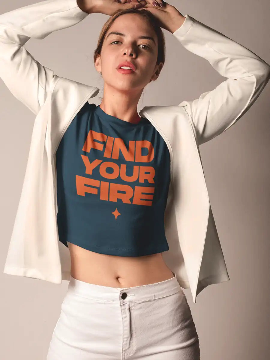 Woman wearing FIND YOUR FIRE - Navy Blue Cotton Crop top