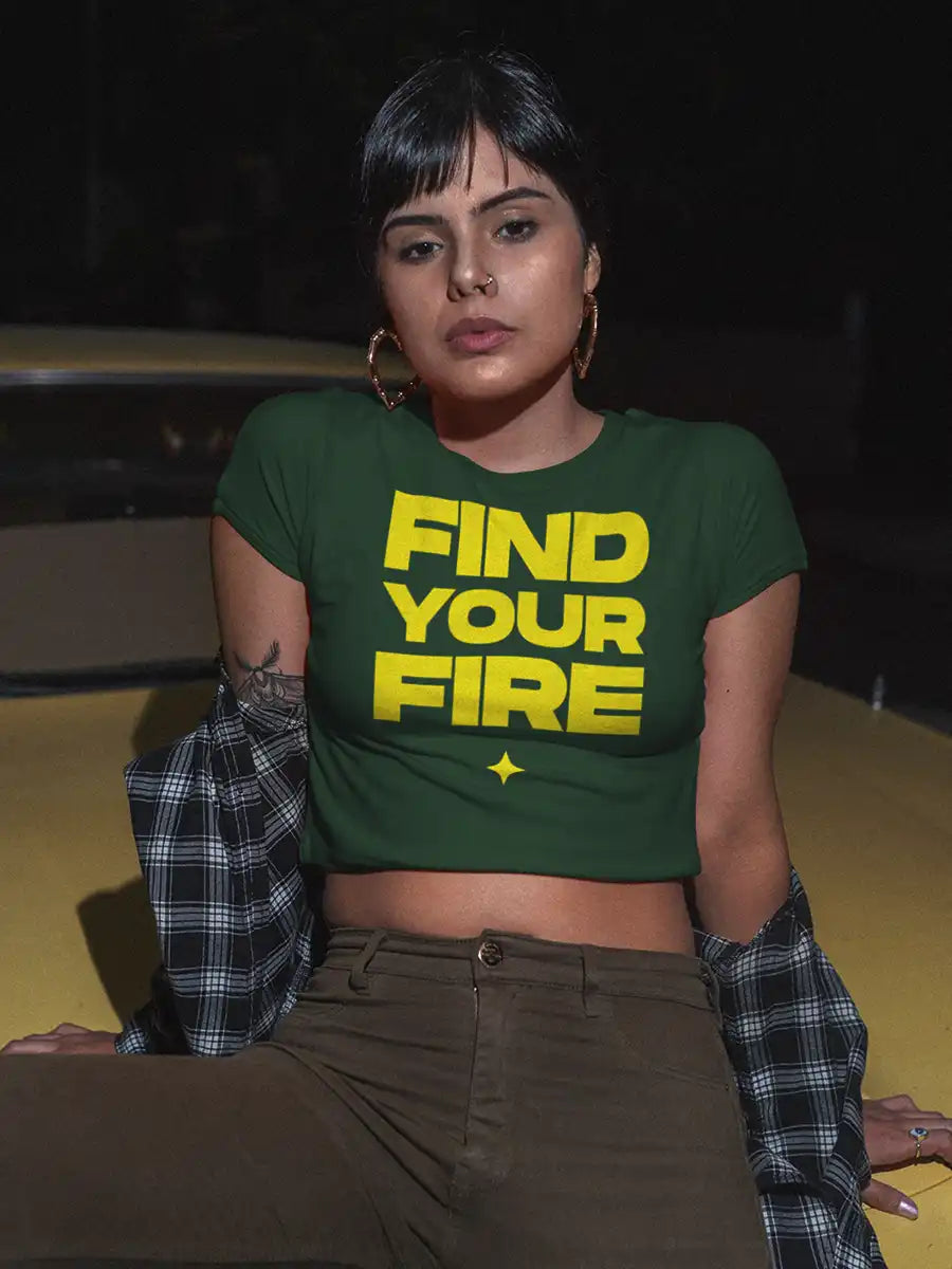Woman wearing FIND YOUR FIRE - Olive Green Cotton Crop top