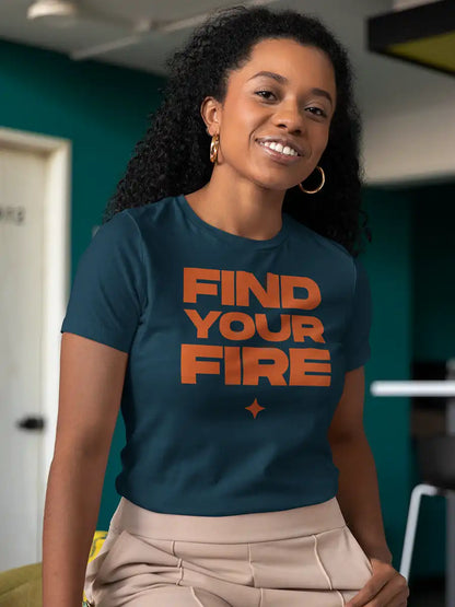 Woman wearing FIND YOUR FIRE- Women's Navy blue Cotton T-Shirt 