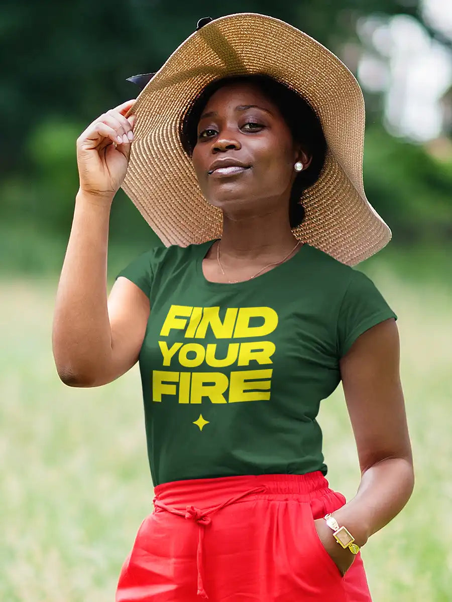 Woman wearing FIND YOUR FIRE- Women's Olive Green Cotton T-Shirt 