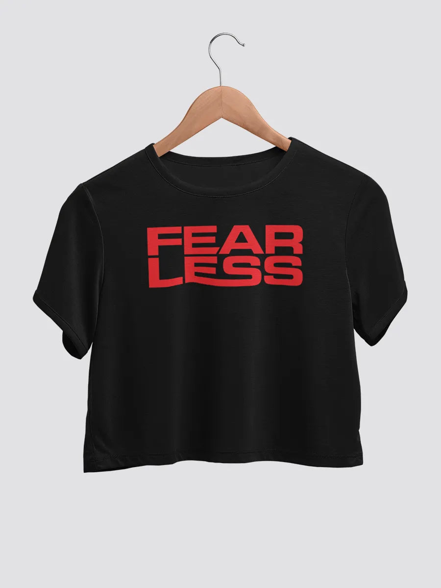Black cotton crop top with text "Fearless " in Red