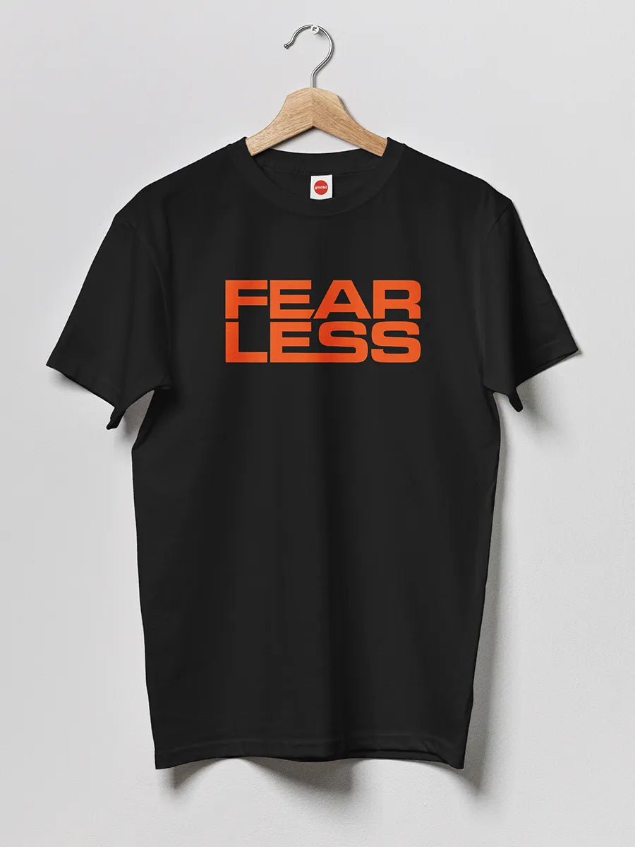 Black Men's cotton Tshirt with text "Fearless" in Orange