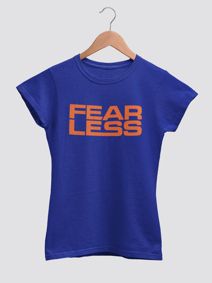 Blue Women's cotton Tshirt with quote "Fearless" in Orange"