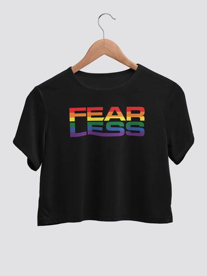 black cotton crop top with text "Fearless" in LGBTQ PRIDE color 