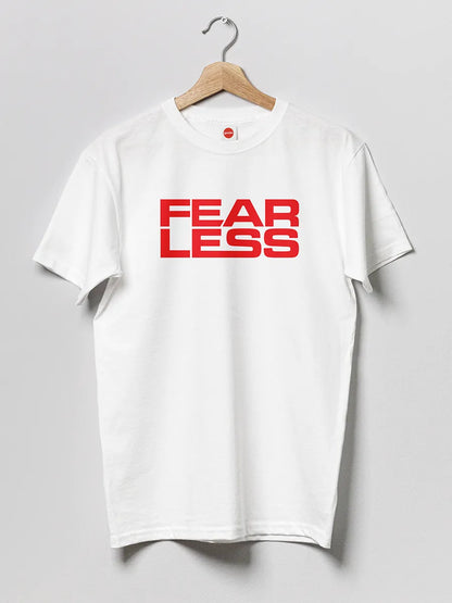 White Men's cotton Tshirt with text "Fearless" in Red