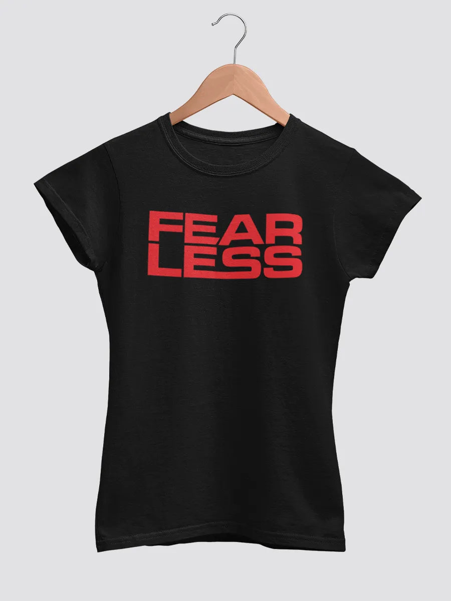  black Women's cotton Tshirt with quote "Fearless" in red