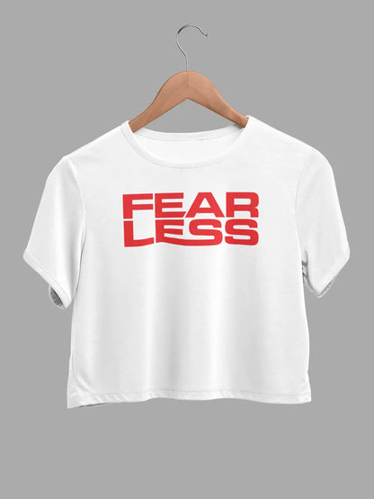 white cotton crop top with text "Fearless"